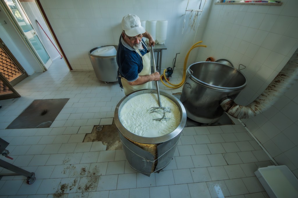 Uomo che mescola formaggio fresco in una grande vasca in un laboratorio caseario.