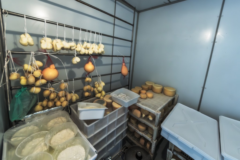 Interno di un caseificio con formaggi appesi e diverse forme di formaggio nelle scatole.