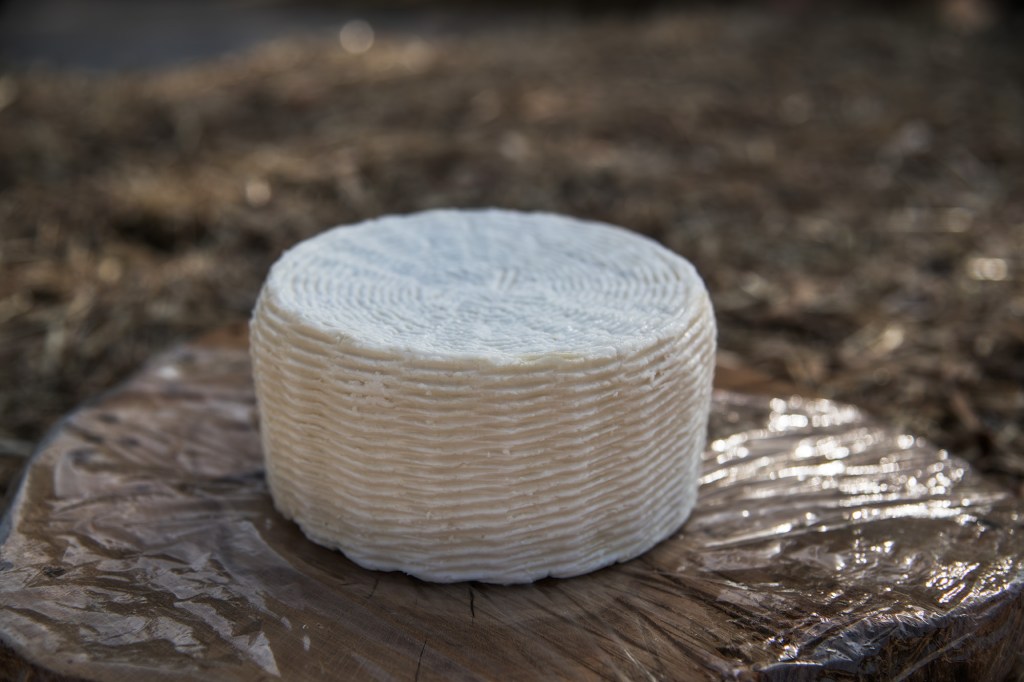 Formaggio bianco a forma cilindrica su un tagliere di legno.